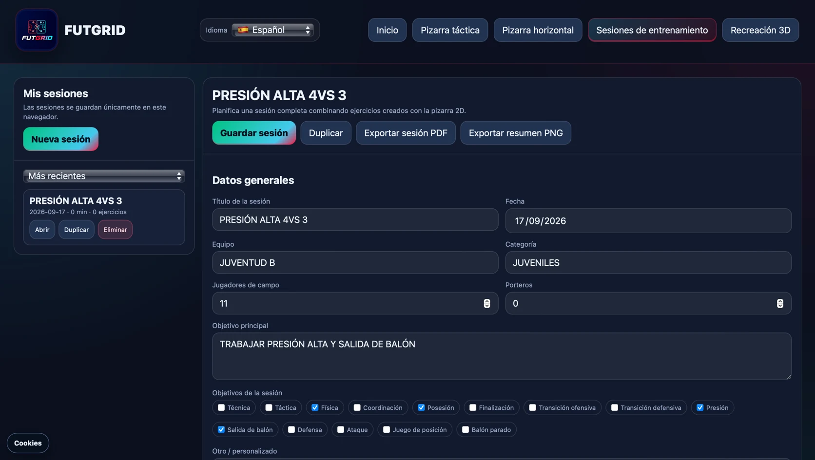 Datos generales y objetivos de una sesión de entrenamiento en FUTGRID